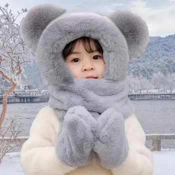 Vaikai Žieminė kepurė Baby Bear Ausų apsaugos kepurė Šiltas pliušinis žieminis šalikas Pirštinių derinys vaikams Jauki galvos kaklo apsauga