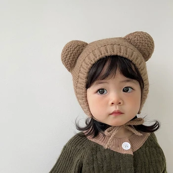 Adorable Bear Earflap Megzta kepurė kūdikiams Minkšta kūdikių mažyliai Beanie šilta kepurė