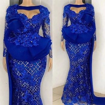 Royal Blue Aso Ebi Afrikos vakarinės suknelės Undinėlė ilgomis rankovėmis Nėriniai Ilgas Dubajus Saudo Arabijos arabų juodaodžių merginų vakarinė suknelė Prom