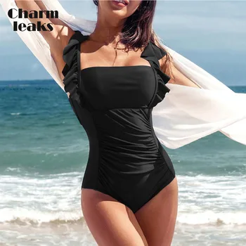 Charmleaks Moterys Vientisos vientisos Falbalos raukšlės Reguliuojami dirželiai Tuščiaviduriai Monokini minkštas maudymosi kostiumėlis