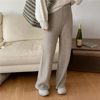 Aukštu liemeniu Drape Straight Crotch Wide Leg Pants Women's Knitting Kelnės Versatile Fashion Casual 2023 Naujas rudens prašmatnus stilius