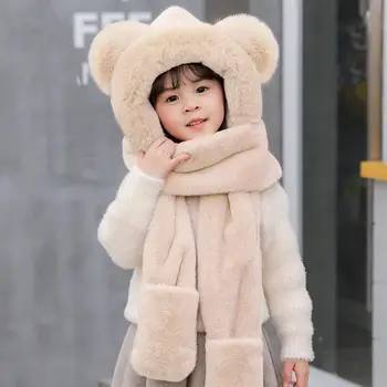 Vaikai Žieminė kepurė Baby Bear Ausų apsaugos kepurė Šiltas pliušinis žieminis šalikas Pirštinių derinys vaikams Jauki galvos kaklo apsauga