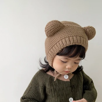Adorable Bear Earflap Megzta kepurė kūdikiams Minkšta kūdikių mažyliai Beanie šilta kepurė