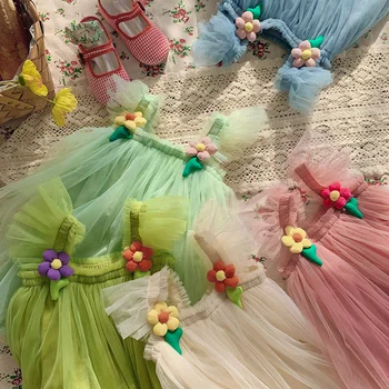2023 Nauja vasarą Mieli princesės drabužiai Pūsta suknelė Vaikai Mergaitės 3D gėlių skraidymo rankovės tinklelis Pakopinės suknelės Vaikai