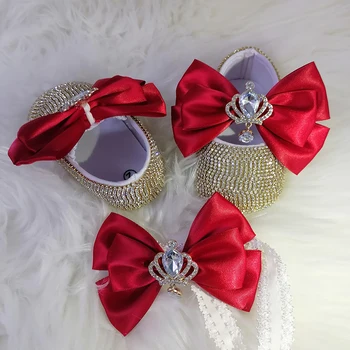 Rankų darbo lankas Rhinestones Baby Girl Kids Shoes Hairband First Walker Sparkle Bling Crystals Princess Shower Gift