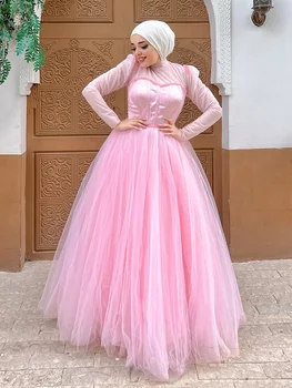 Jirocum High Neck Pink Prom suknelė Moteriškos A linijos Tiulio karoliukais Musulmonų vakariniai chalatai plius dydis Saudo Arabijos oficialios progos suknelės