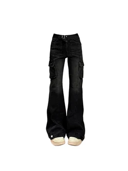 Moterys Black Gothic Cargo Flare Jeans Emo 2000s Vintage High Waist Baggy Denim Kelnės Y2k Harajuku 90s estetinės kelnės Drabužiai