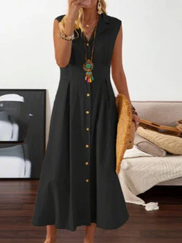 Vasarinė moteriška suknelė Elegantiška berankovė V-Neck Button Office Ladies Black Fit A-line Mid-Blauzdos ilgi medvilniniai marškiniai Suknelė moterims