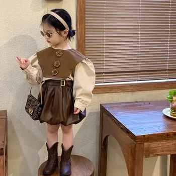 Girls' Autumn 2022 Naujas korėjiečių mados vaikų odinių sijonų rinkinys Princesės stiliaus trijų dalių rinkinys