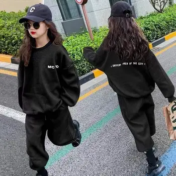 Korėjietiško stiliaus merginos sportinė vilna pamušalu Žieminiai 2vnt Džemperiai+Kelnės Kostiumai Paaugliai studentai Laisvi madingi drabužių komplektai