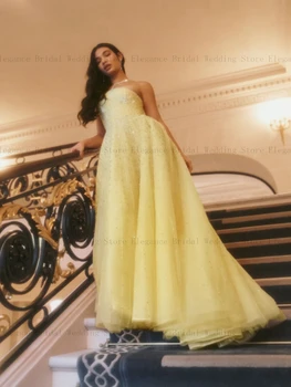 Sparkly Yellow Sequin Tulle Vakarinės suknelės vestuvių grindų ilgiui Halter Neck Prom suknelė paaugliams A-Line ballkleider