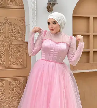 Jirocum High Neck Pink Prom suknelė Moteriškos A linijos Tiulio karoliukais Musulmonų vakariniai chalatai plius dydis Saudo Arabijos oficialios progos suknelės