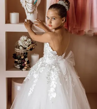 Nėrinių tiulis Dramblio Kaulo Baltas Mergaitės gimtadienio suknelė Vakarėlis Princesės kamuoliniai chalatai 1-14 metų mergaičių drabužiai Pirmosios komunijos suknelė