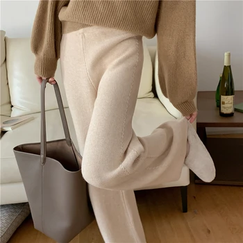 Aukštu liemeniu Drape Straight Crotch Wide Leg Pants Women's Knitting Kelnės Versatile Fashion Casual 2023 Naujas rudens prašmatnus stilius
