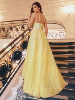 Sparkly Yellow Sequin Tulle Vakarinės suknelės vestuvių grindų ilgiui Halter Neck Prom suknelė paaugliams A-Line ballkleider