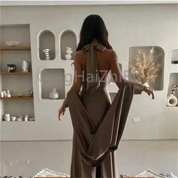 QingHaiZhiBin Halter Neck Sexy Backless Floor-Length Women Simple Party Dress 2023 Shore Satin vakarinės suknelės
