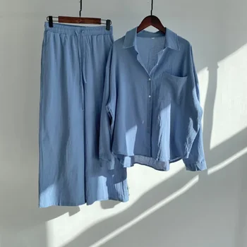2023 Pavasario vasaros medvilnės lino apranga Vintažiniai moteriški 2 dalių rinkiniai Elegantiški laisvalaikio oversized laisvi marškiniai Palaidinės ir kelnių komplektas