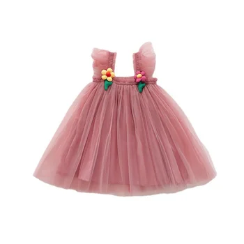 2023 Nauja vasarą Mieli princesės drabužiai Pūsta suknelė Vaikai Mergaitės 3D gėlių skraidymo rankovės tinklelis Pakopinės suknelės Vaikai