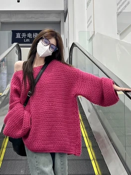 Deeptown Korean Fashion Oversized Sweater Women Harajuku Vintage Off Shoulder Knitted Jumper Loose Casual Y2K Tops High Street